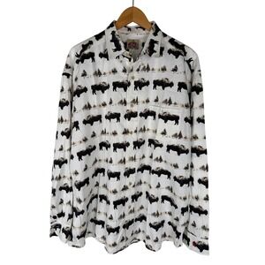 Barn Fly Mens Buffalo Pine Tree Print Western Shirt White Cotton Large USA Made
